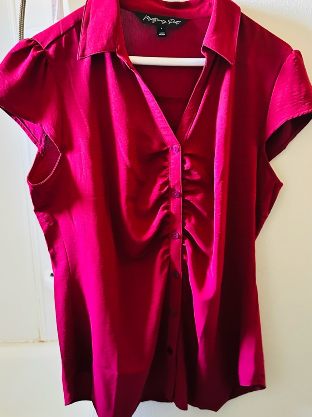 Magnolia Pearl Ruched Button-Front Blouse in Deep Pink
